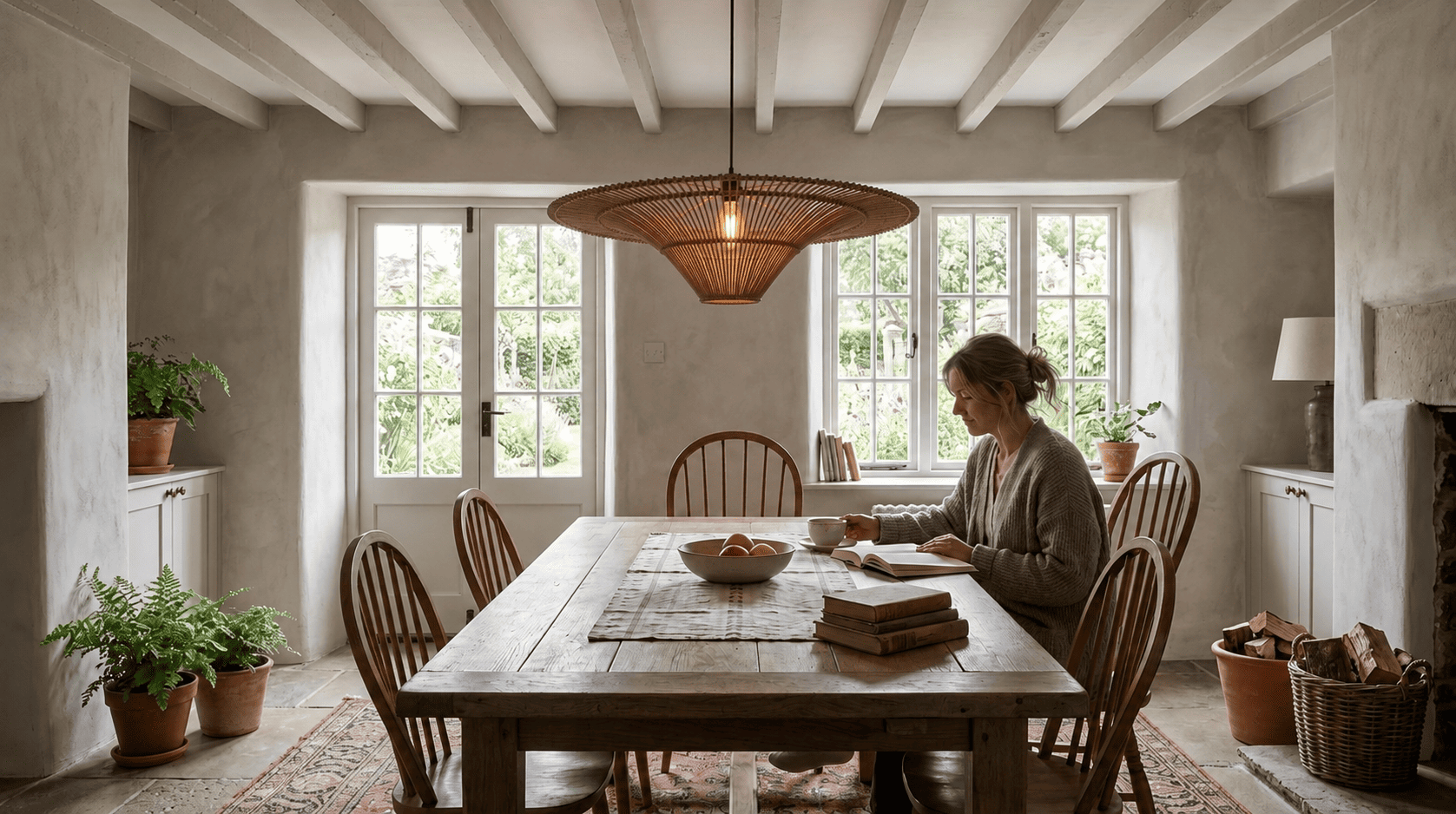 A large handwoven wicker lampshade sized to suit a dining room