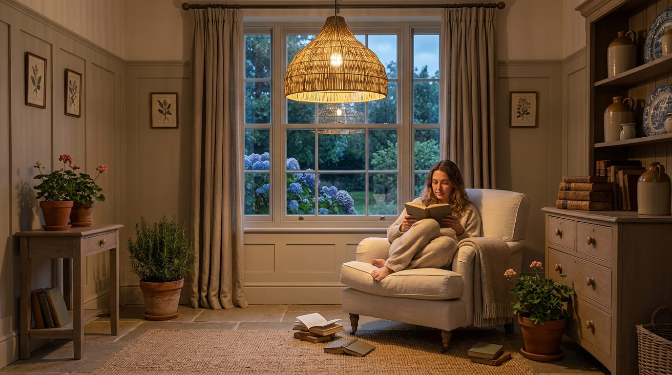 A cosy living room transformed by the warm glow of a handwoven wicker lampshade