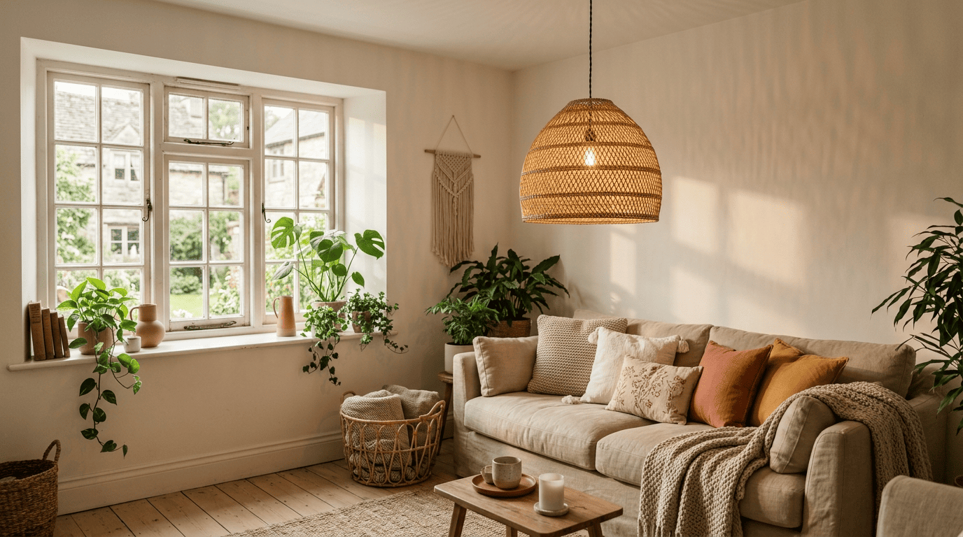 Handwoven wicker ceiling lampshade lit in a boho style living room