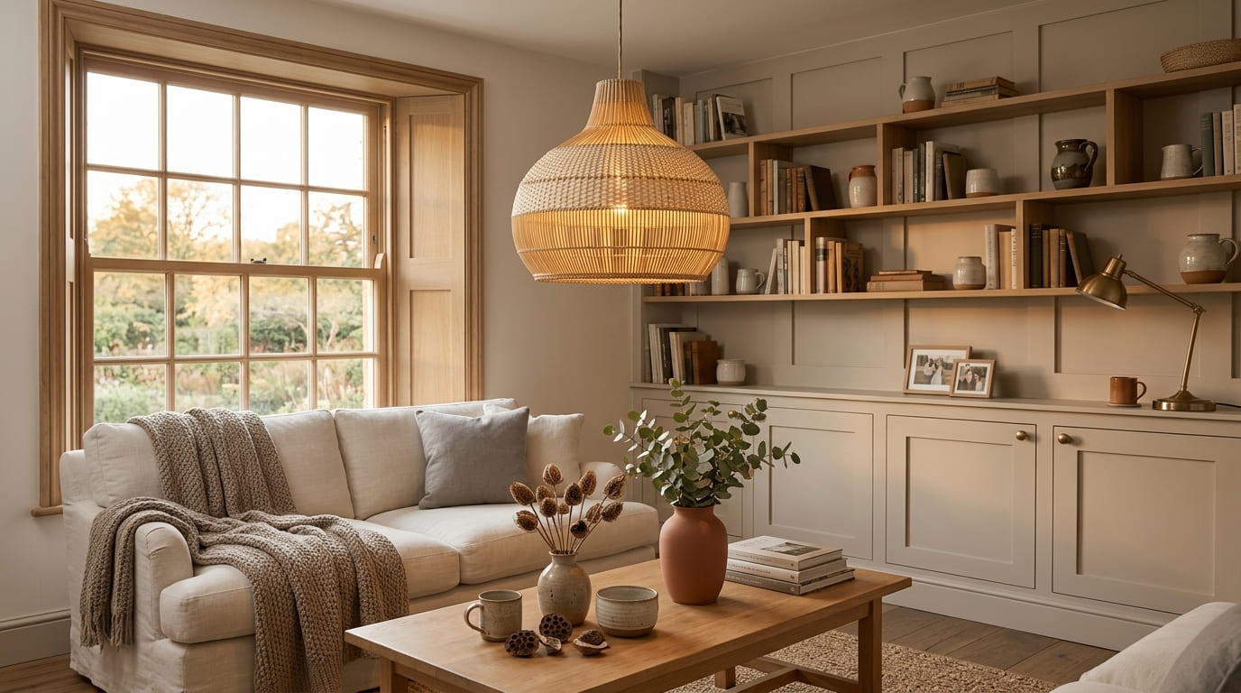 Handwoven rattan pendant lampshade glowing in a warm British living room