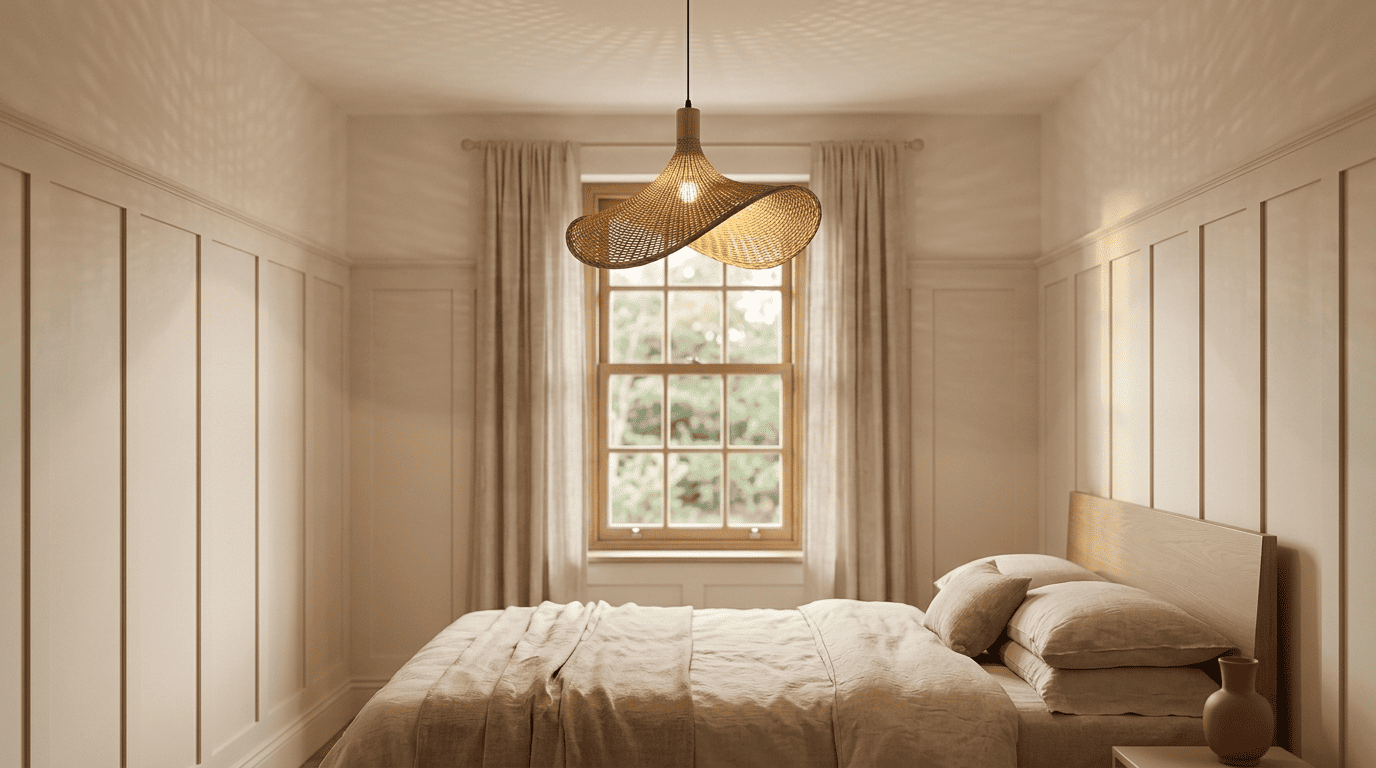 Handwoven wicker ceiling lampshade lit above a bed in a calm bedroom