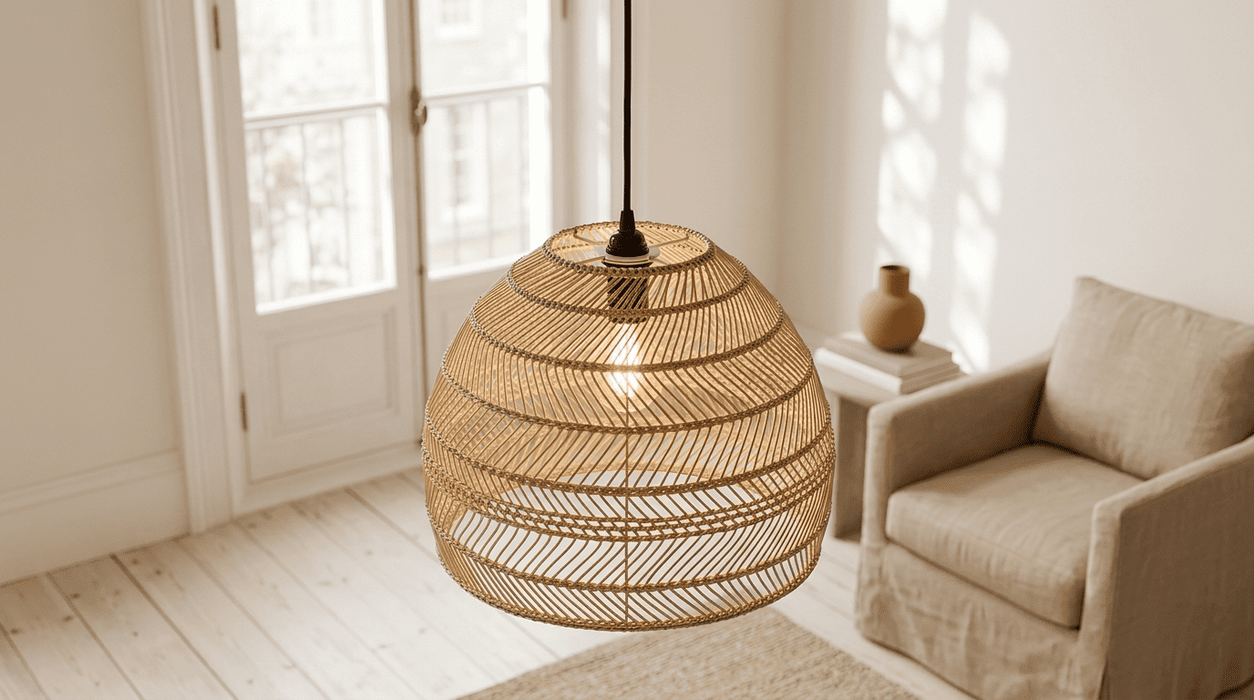 Handwoven wicker ceiling lampshade hanging on an adjustable cord with a standard E27 fitting