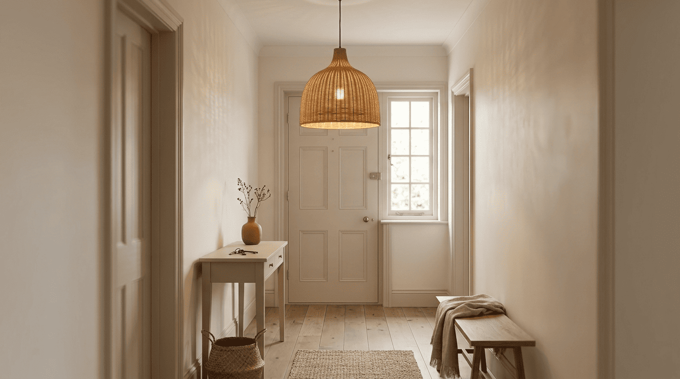 Small handwoven wicker ceiling lampshade lit in a hallway by a front door