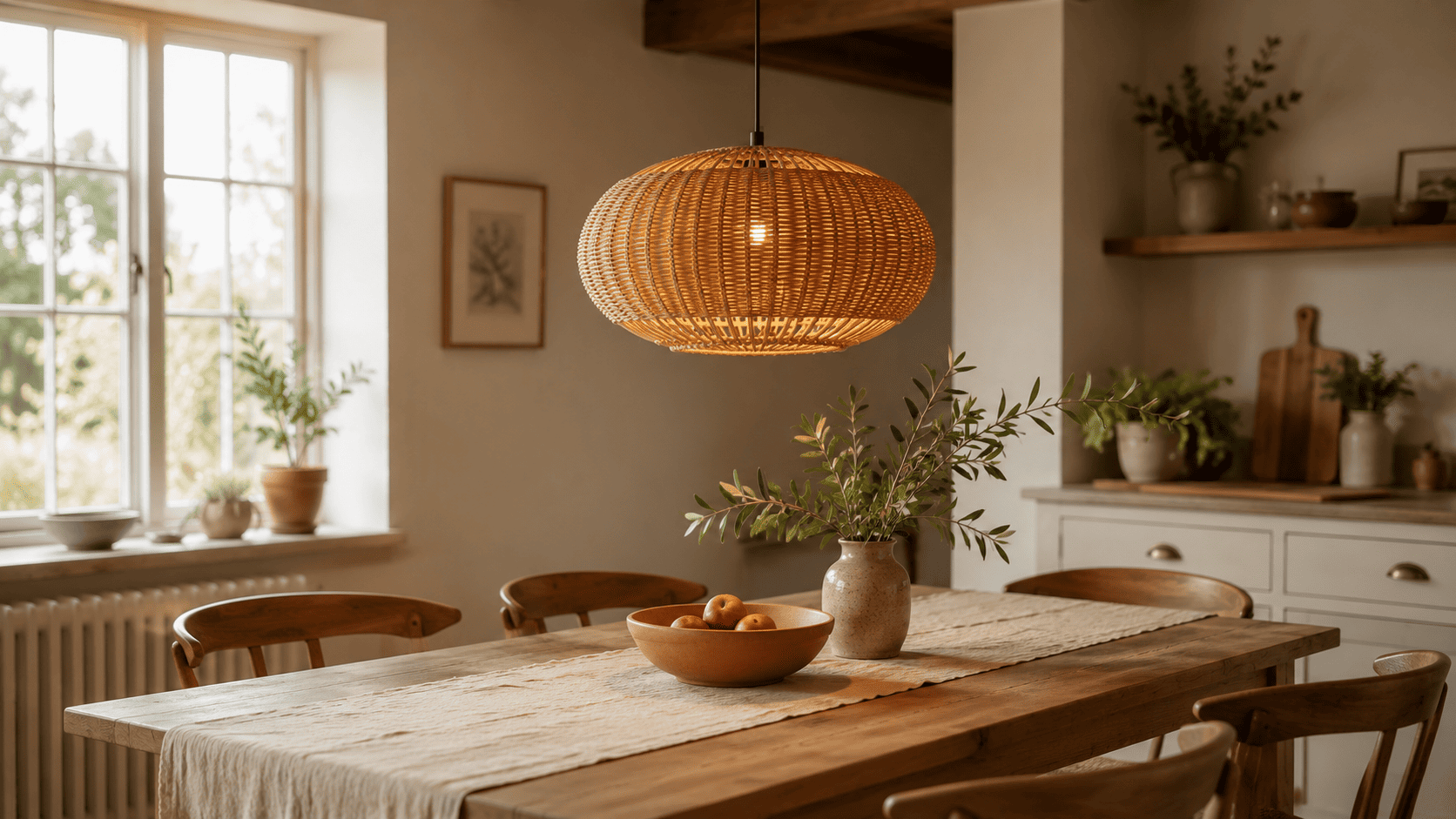 Handwoven wicker ceiling lampshade lit above a kitchen dining table