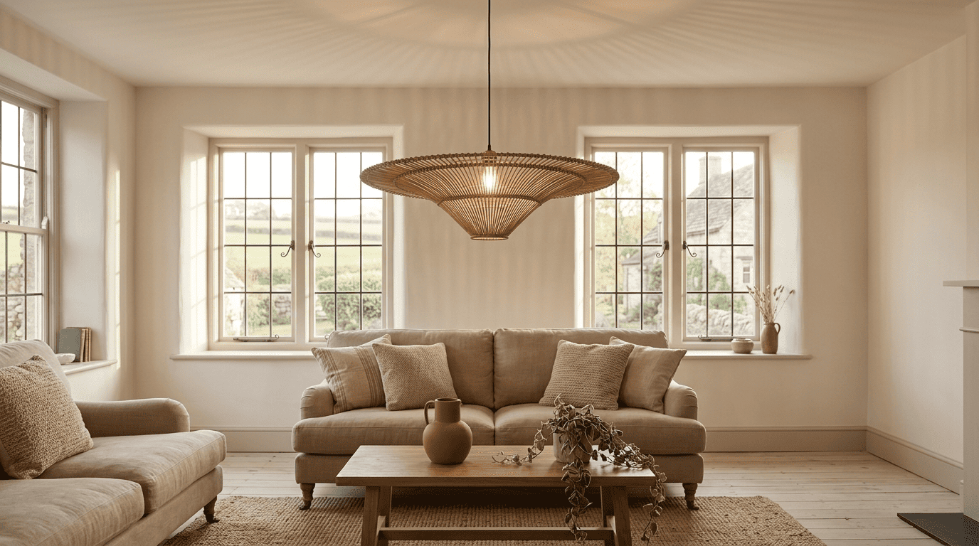 Large handwoven wicker ceiling lampshade lit above a sofa in a living room
