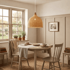 Alba woven lampshade hanging above a table in a living room, in a British home