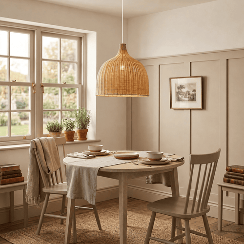 Alba woven lampshade hanging above a table in a living room, in a British home