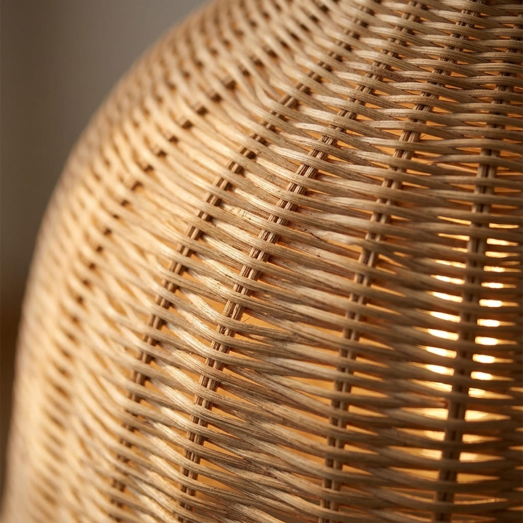 Close up of the fine handwoven wicker on the Alba lampshade
