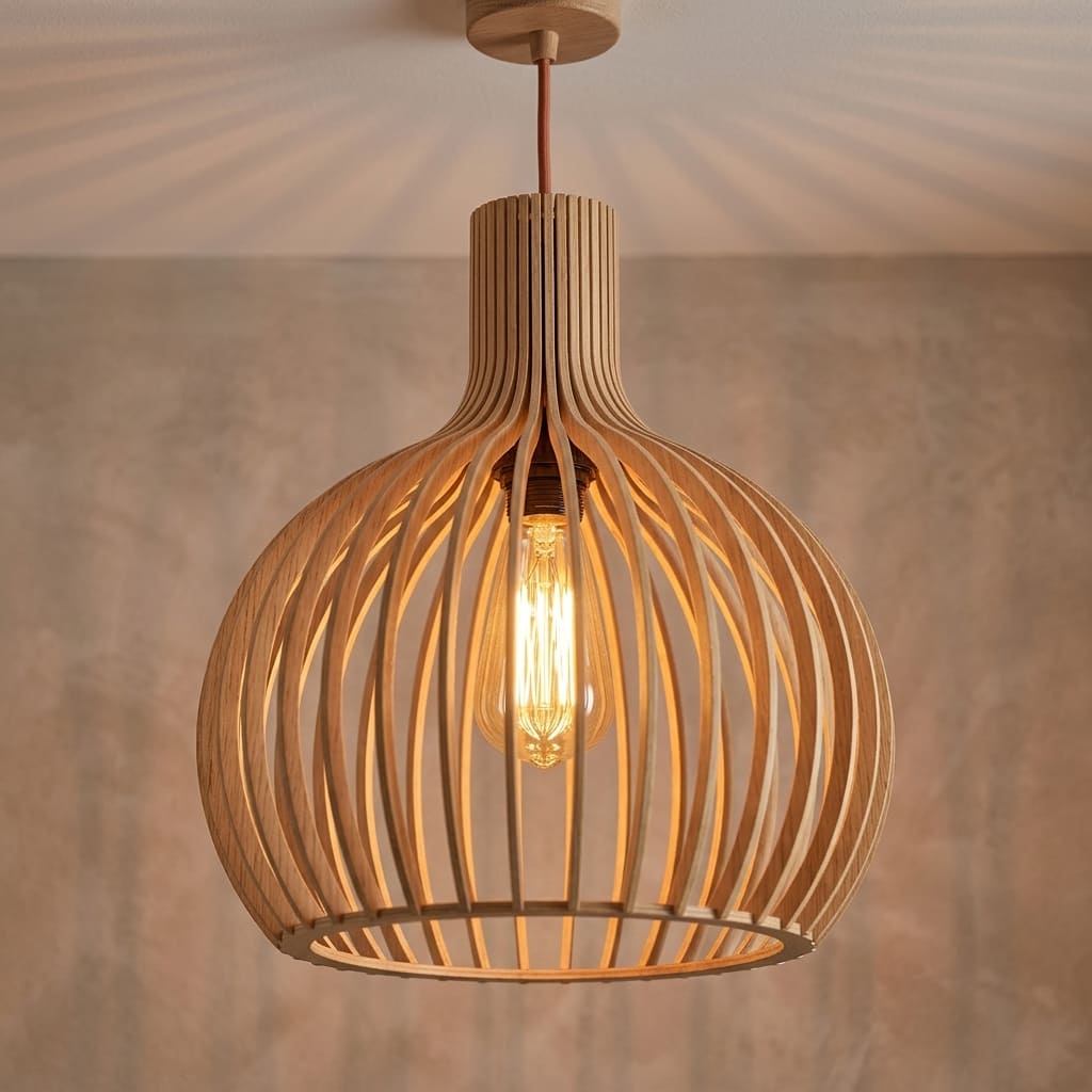 Aspen wooden lampshade lit, casting a soft striped glow