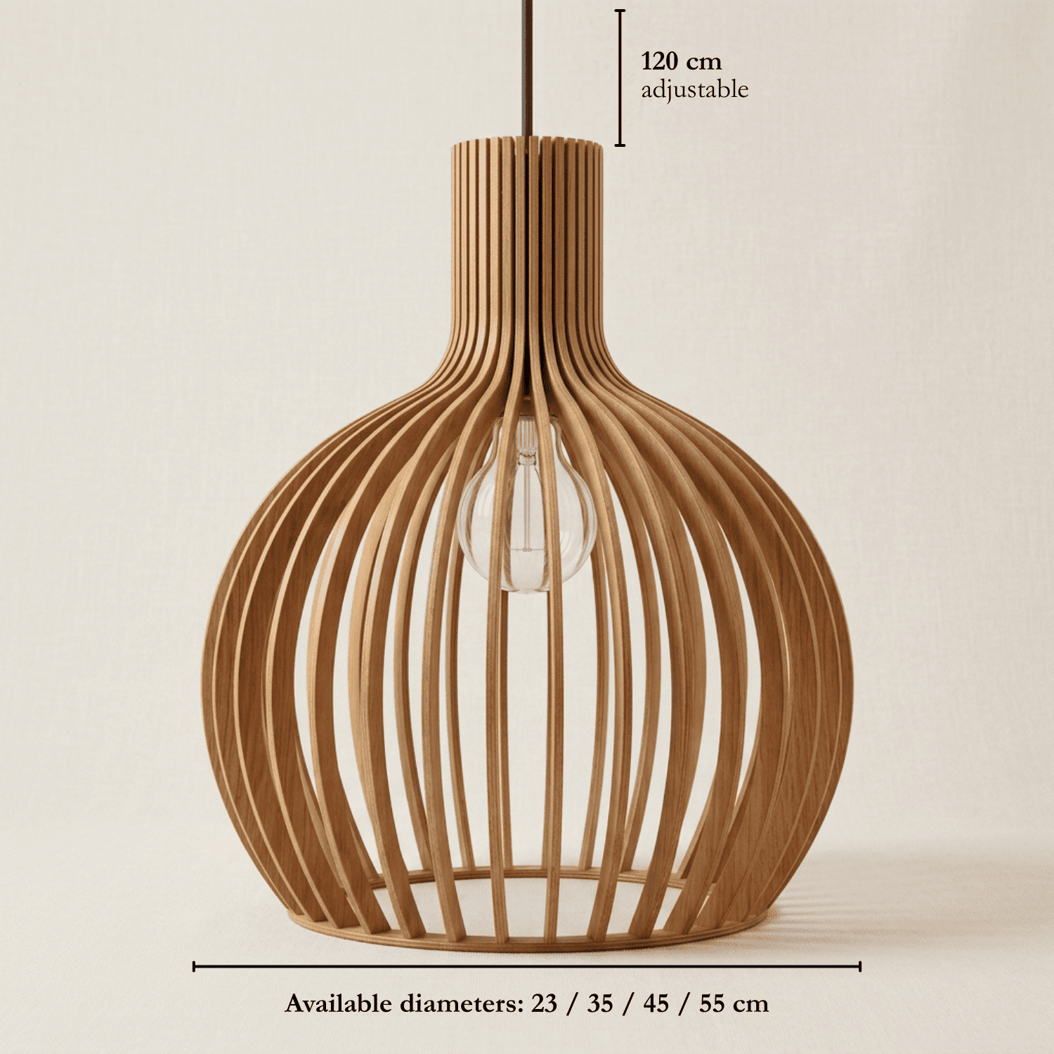 Aspen wooden lampshade dimensions, from 23cm to 55cm diameter