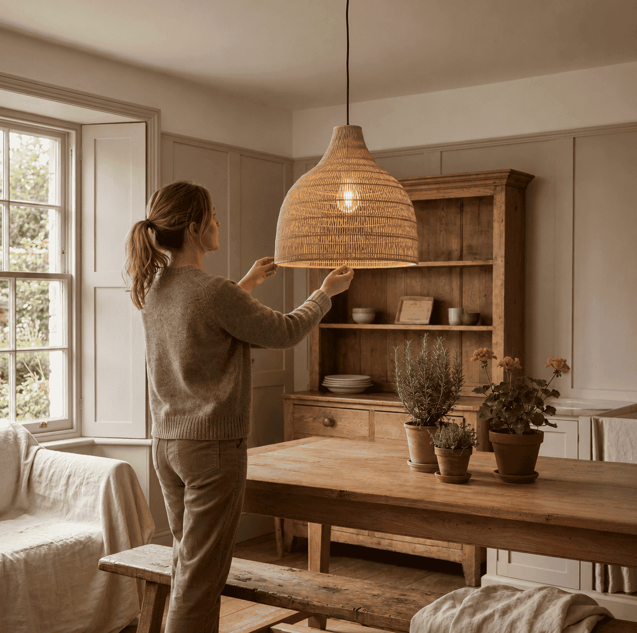 Woman fitting a handwoven lampshade onto a standard UK ceiling fitting