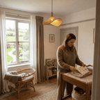 Woman in her baby's bedroom, with the Elva wicker lampshade at the center of the room