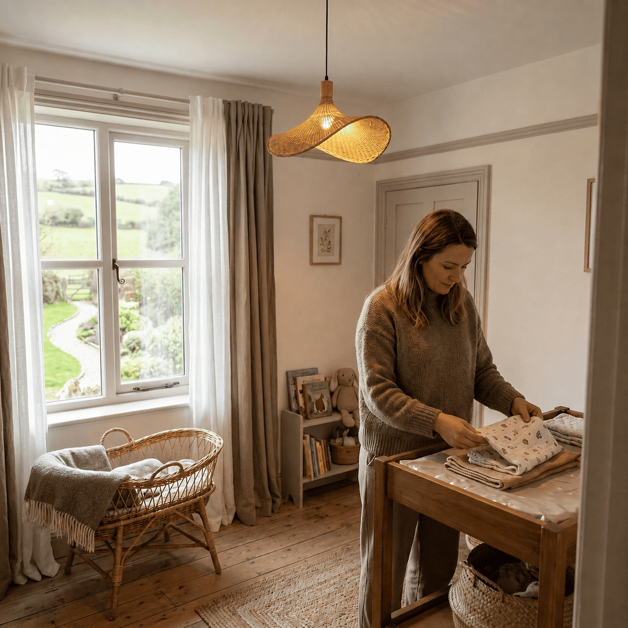 Woman in her baby's bedroom, with the Elva wicker lampshade at the center of the room