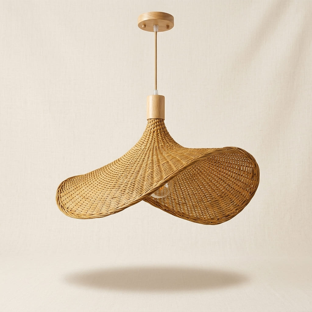 Elva handwoven wicker pendant lampshade on a neutral background