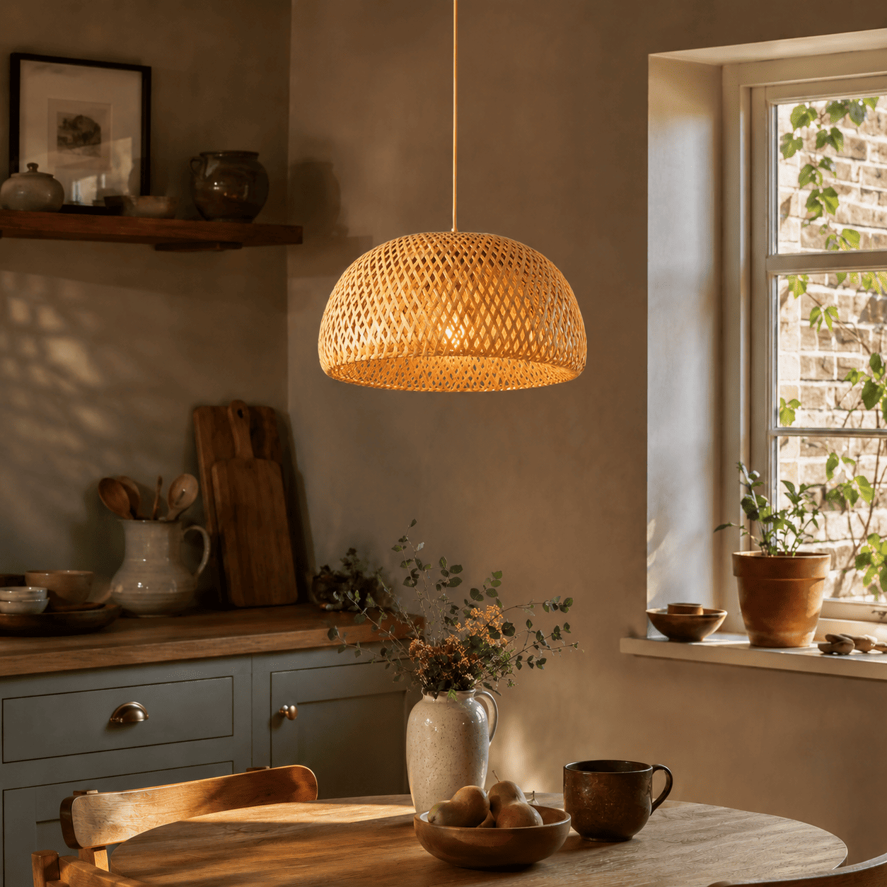Halia bamboo pendant lampshade hanging in a warm country kitchen