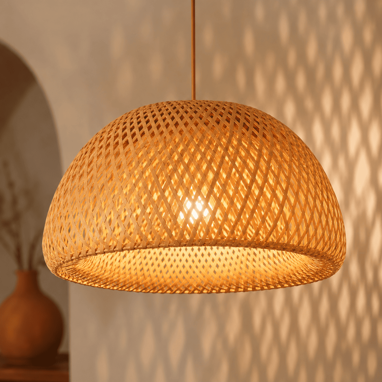 Halia bamboo lampshade glowing warmly, casting soft dappled shadows