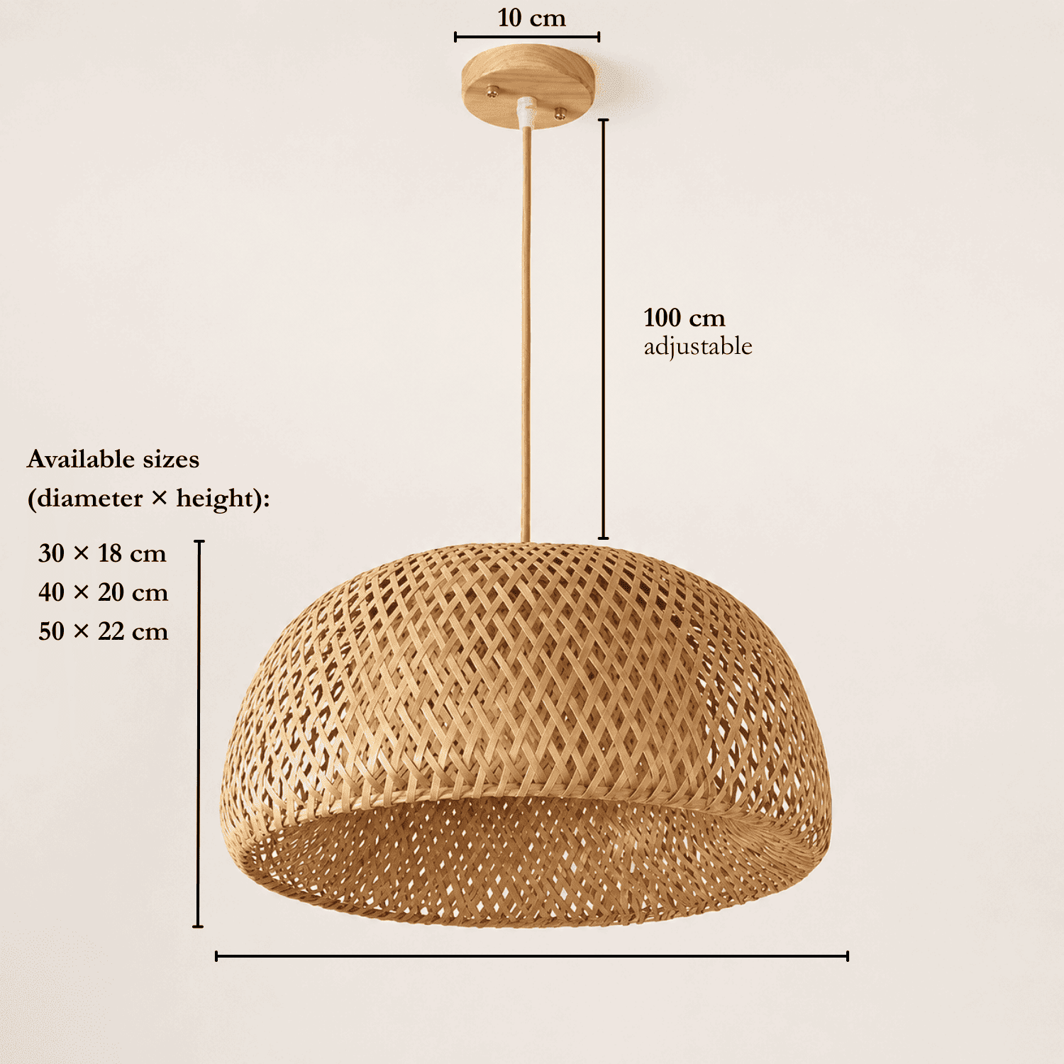 Halia bamboo lamp shade dimensions: 30cm or 40cm or 50cm diameter, 18cm or 20 cm 0r 22 cm height, 100cm adjustable cord