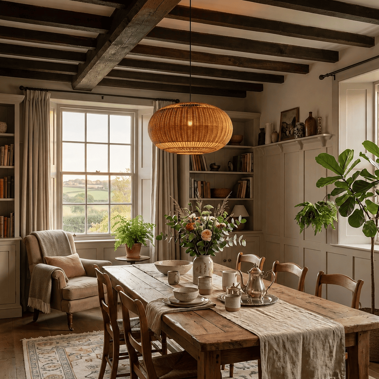 Isla wicker lampshade hanging above a nice dining table