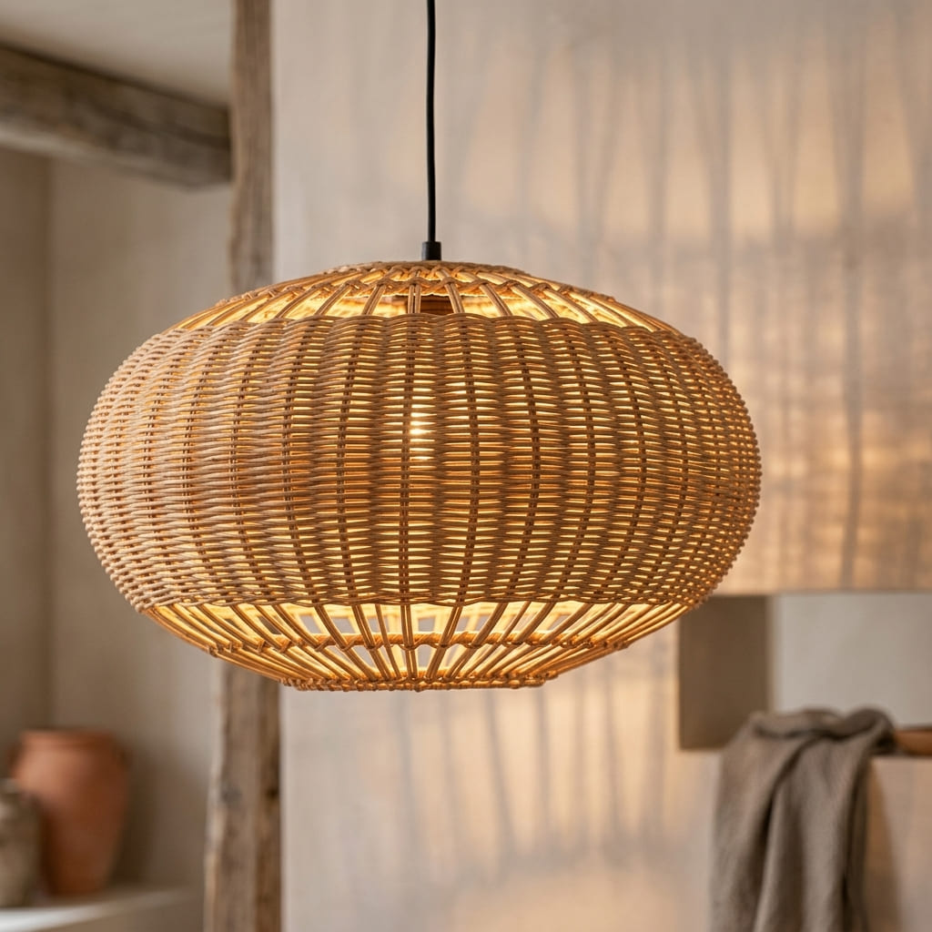 Isla wicker lampshade lit, casting a soft warm glow