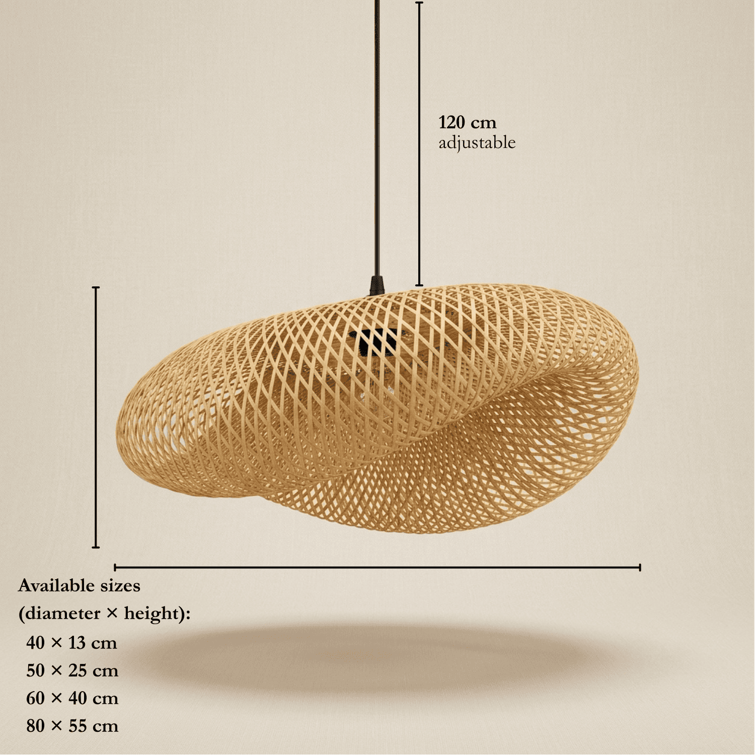 Kaia bamboo lampshade dimensions and available sizes: 40, 50, 60 and 80cm