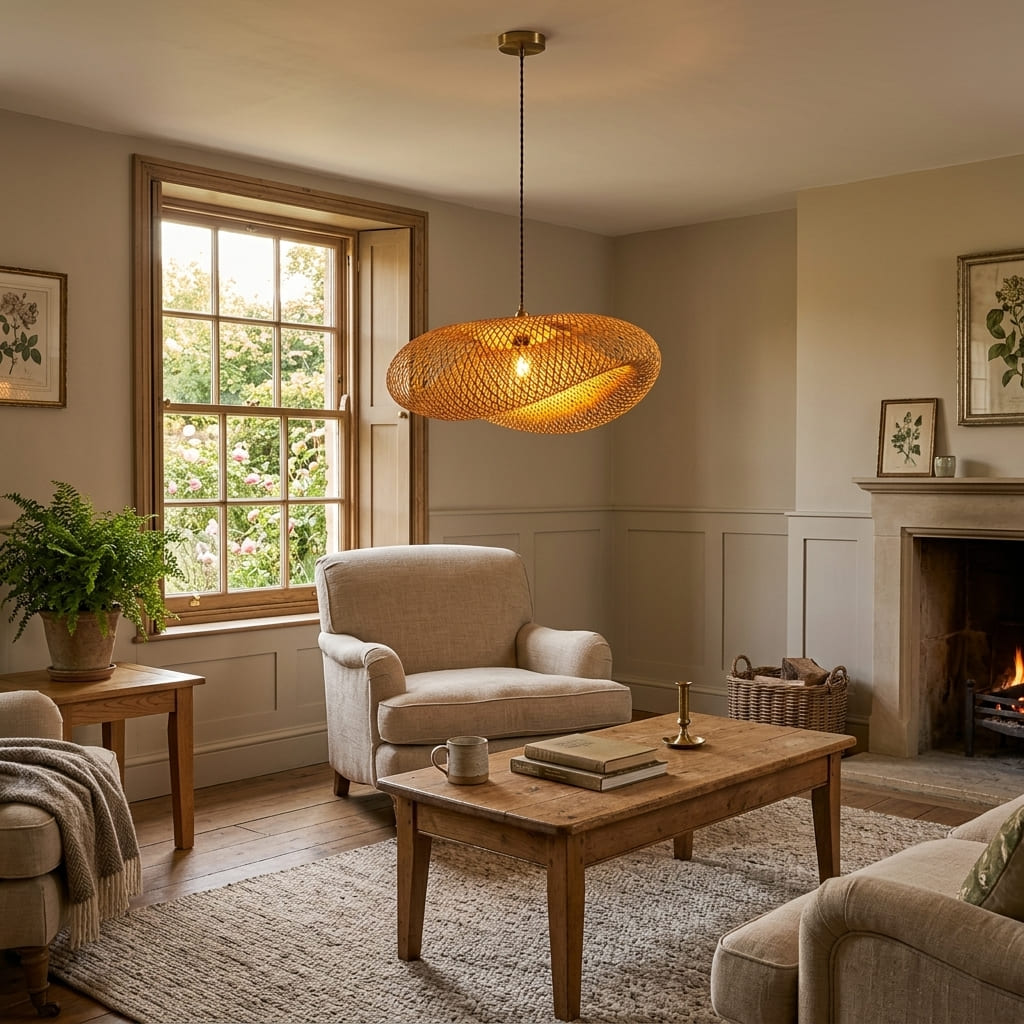 Kaia bamboo pendant lampshade hanging in a cosy British living room