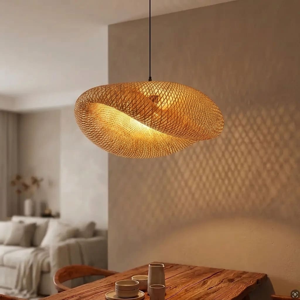 Kaia bamboo lampshade glowing warmly, casting soft shadows