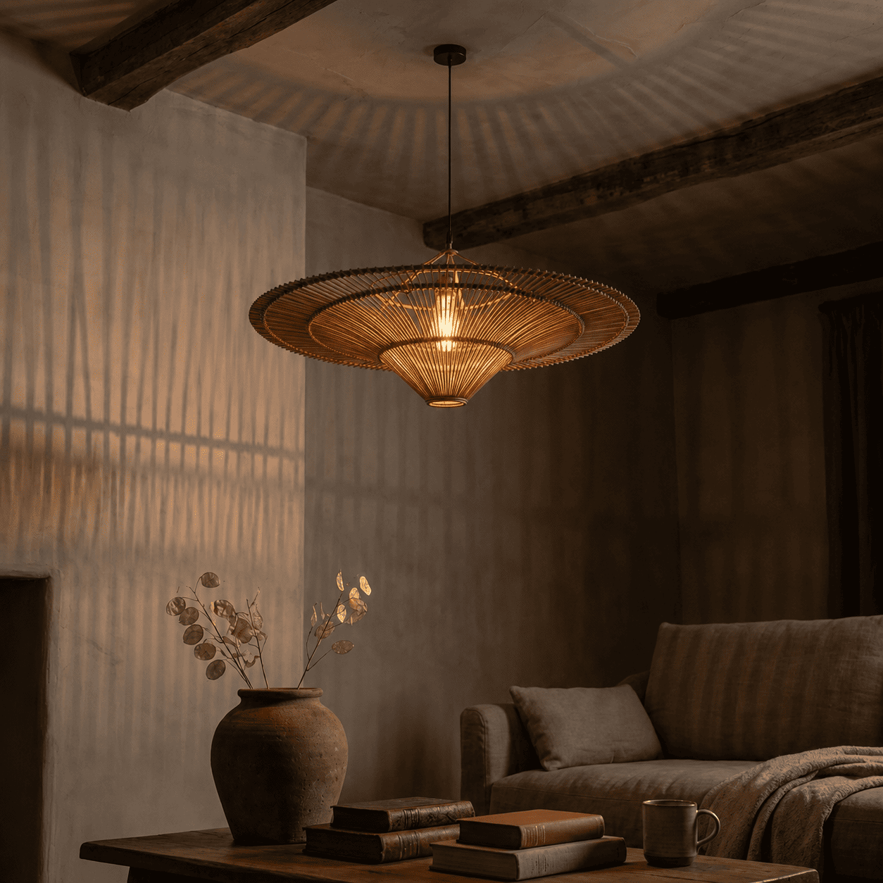 Handwoven lampshade glowing at night, casting soft dappled shadows across a wall