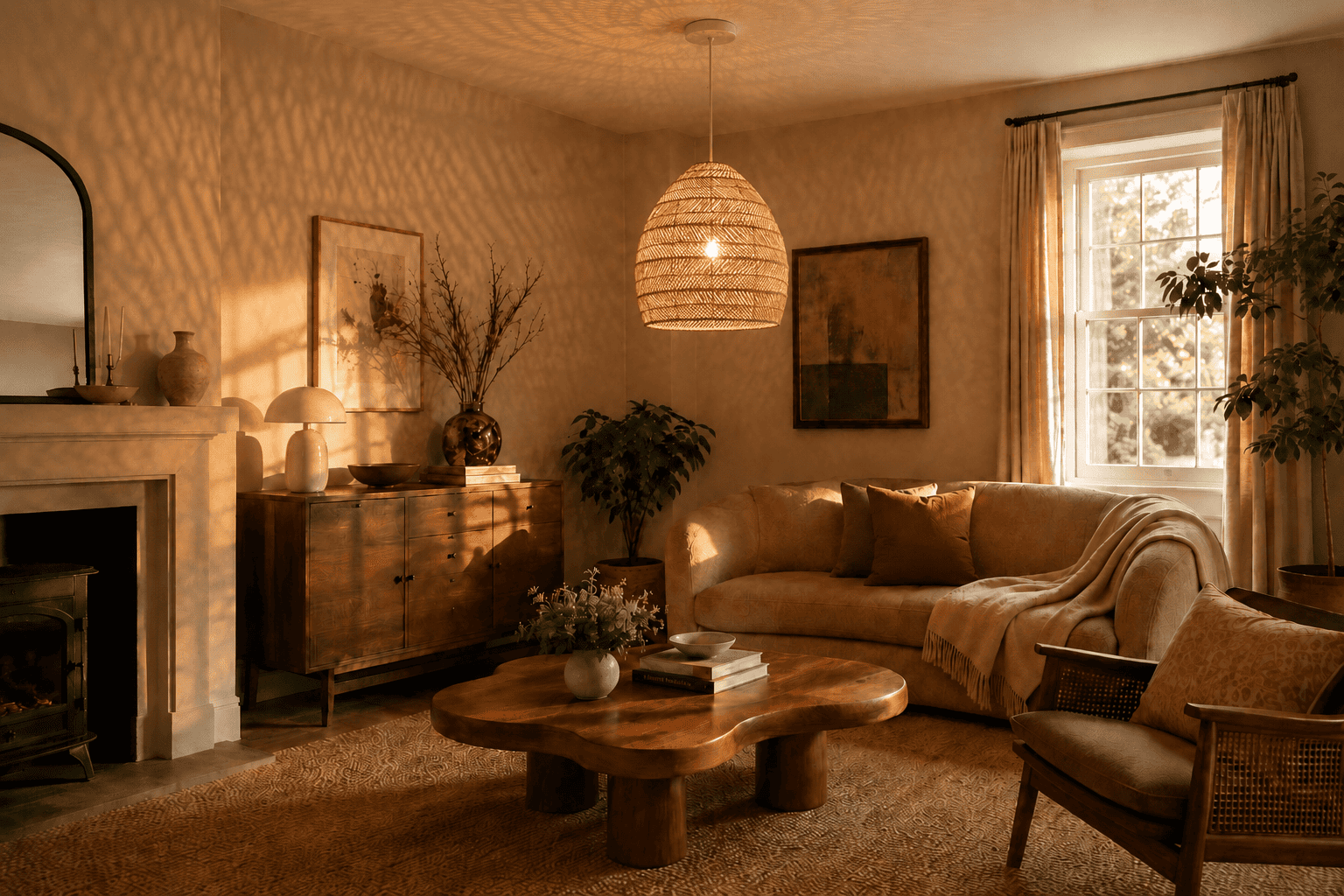 The same living room transformed by a warm handwoven wicker lampshade