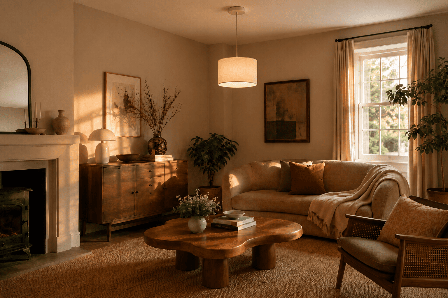 Living room with a plain dated lampshade, looking unfinished