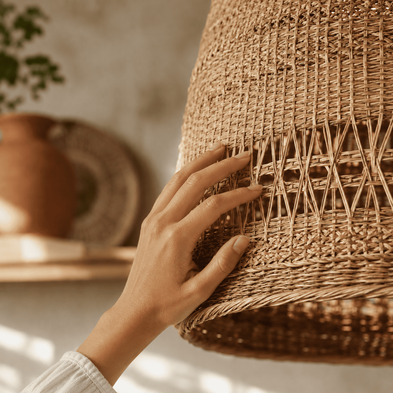 Cosy interior detail with a natural rattan lampshade