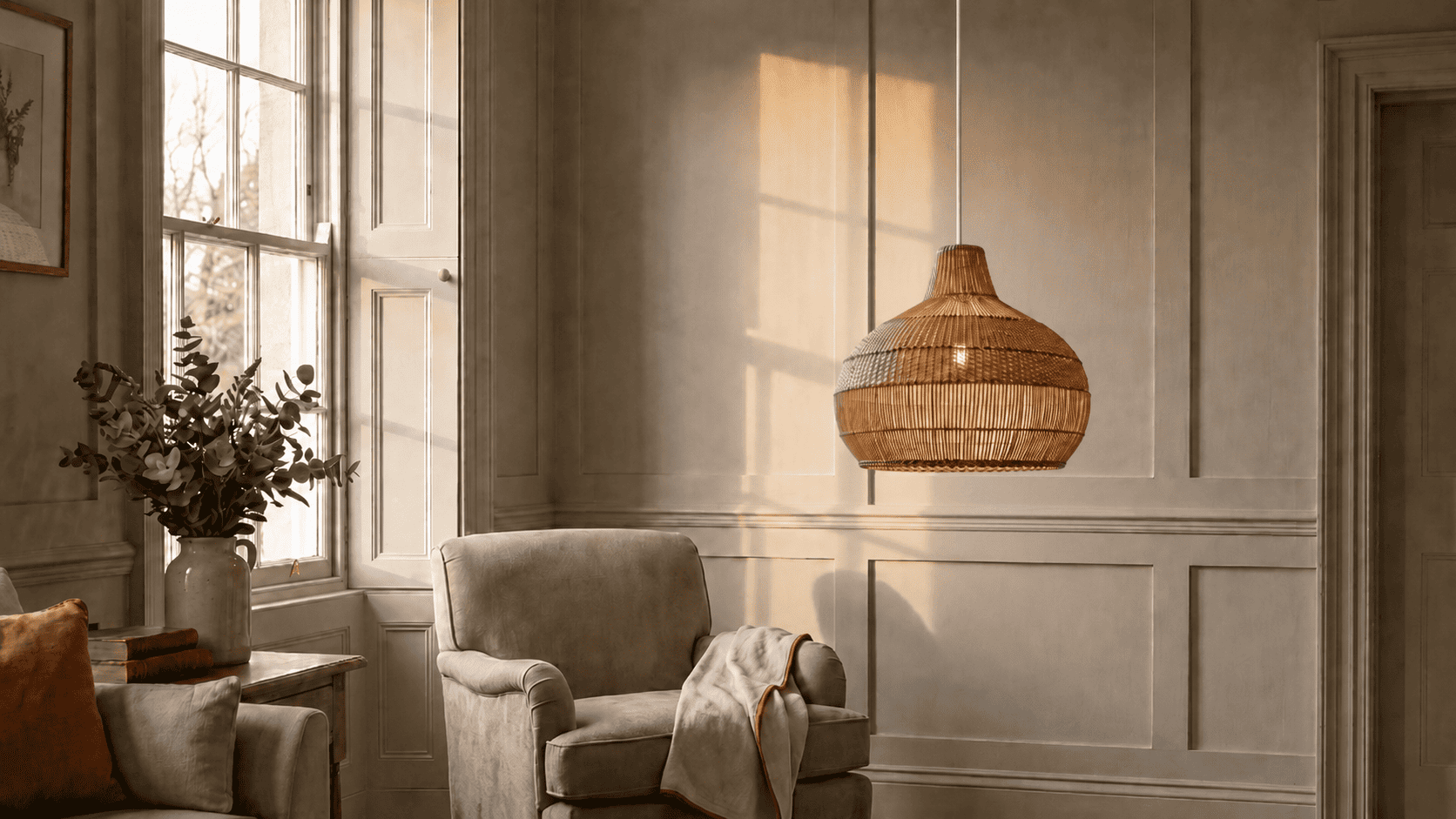 Handwoven rattan pendant lampshade glowing warmly in a British living room