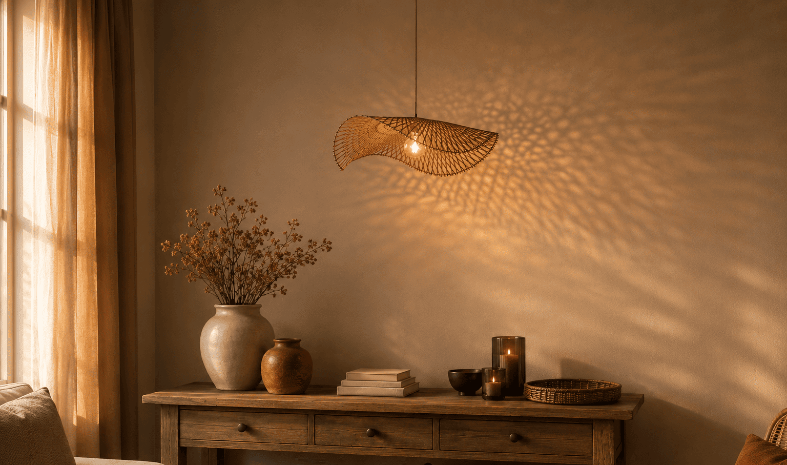 Woven rattan pendant lampshade glowing in a warm living room