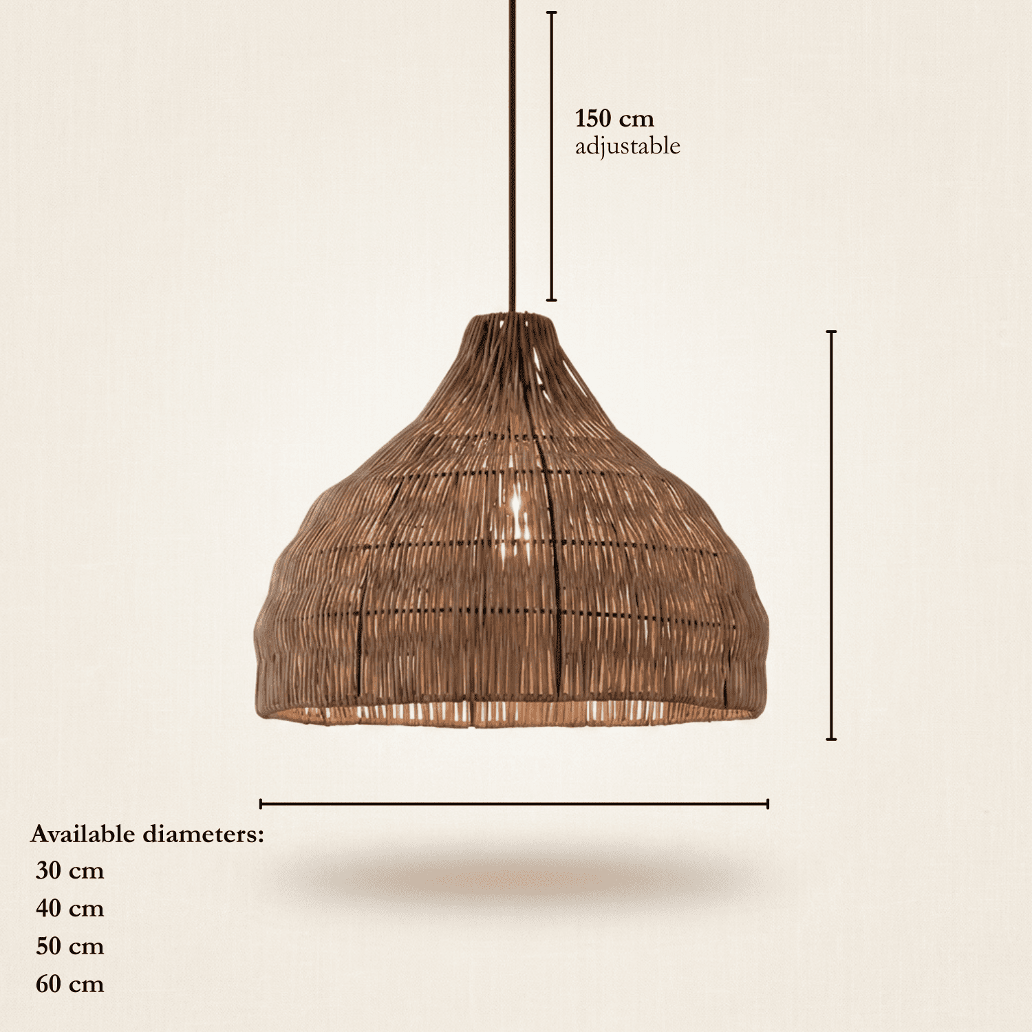 Maren wicker lampshade dimensions, from 30cm to 60cm diameter