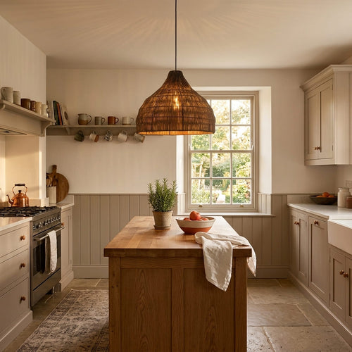 Maren wicker lampshade hanging above an island in a British country kitchen