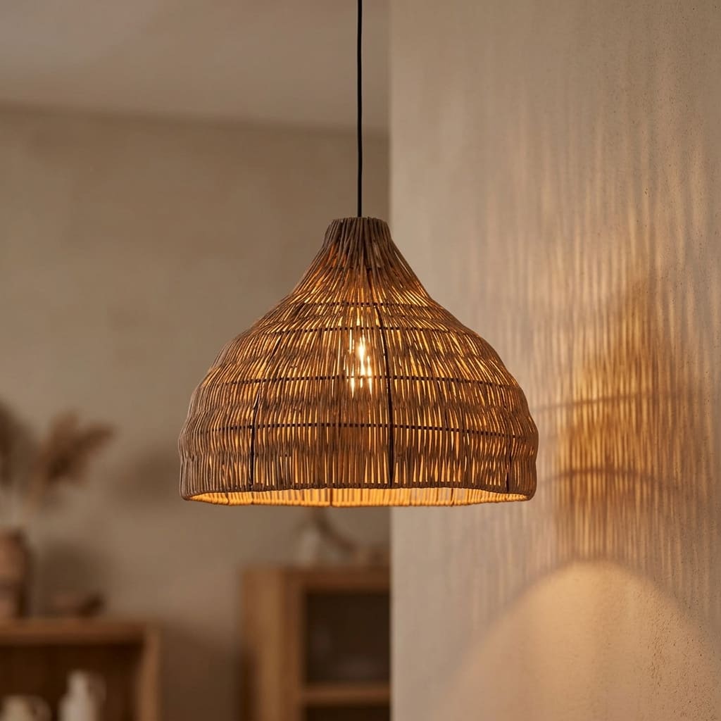 Maren wicker lampshade lit, glowing softly through the weave