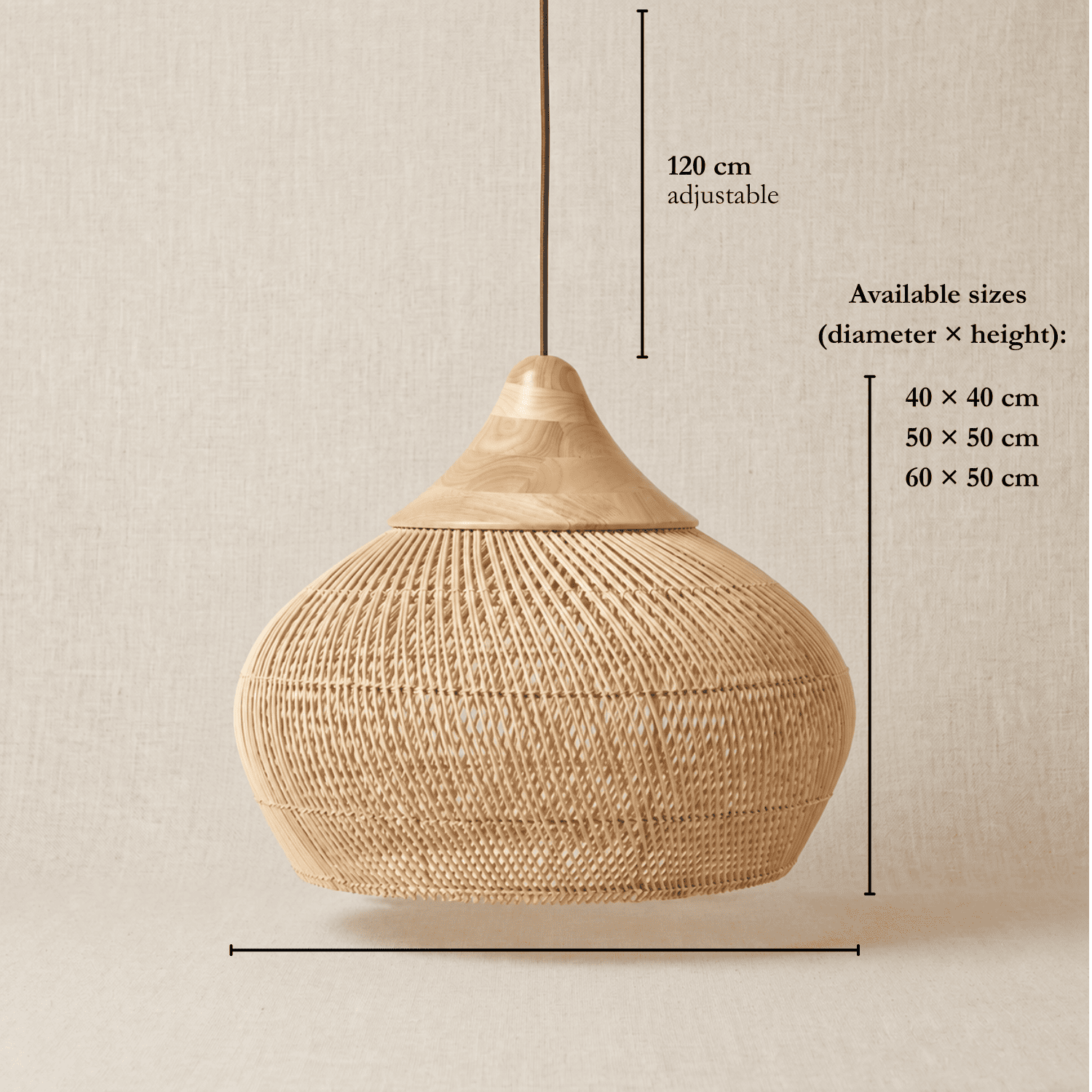 Mira wicker lampshade dimensions, from 40cm to 60cm diameter