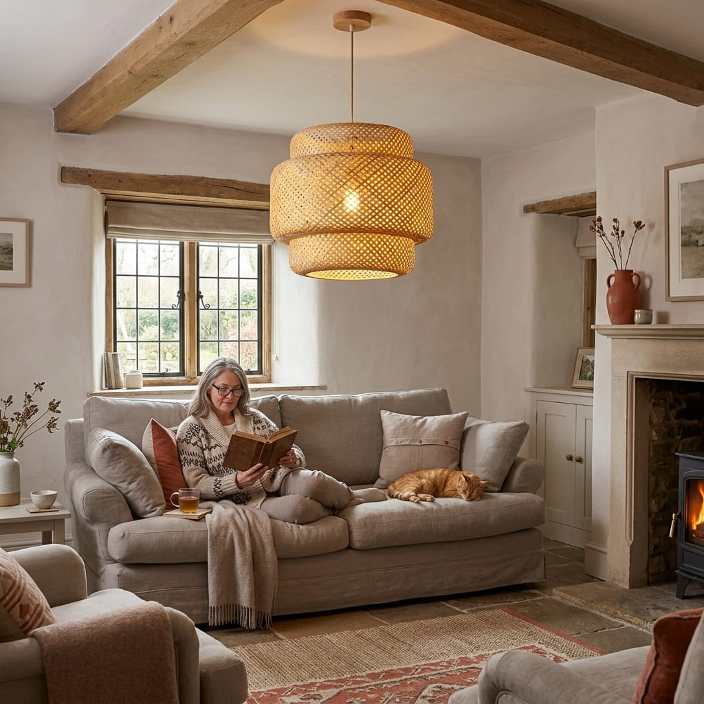 Noa rattan ceiling light shown above a sofa in a living room with a woman and her cat