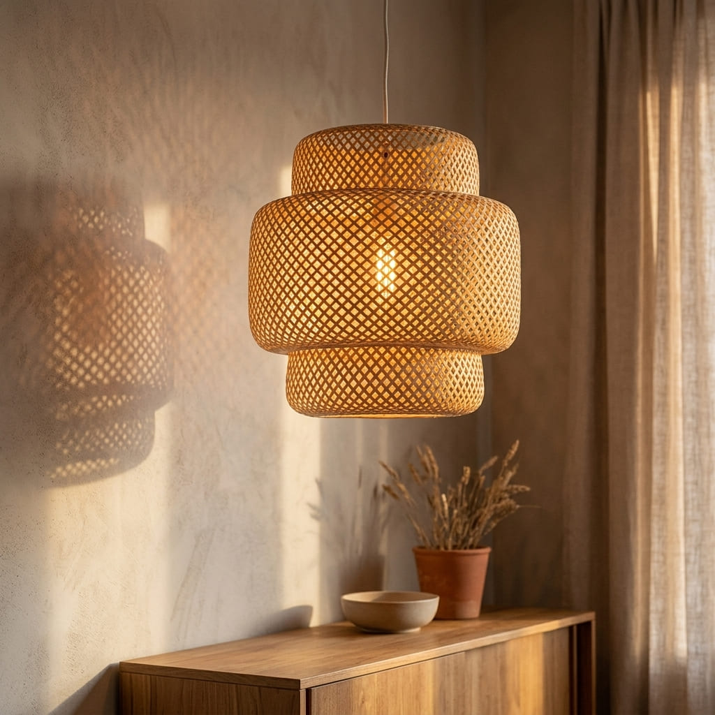 Noa rattan ceiling light glowing warmly, casting soft shadows