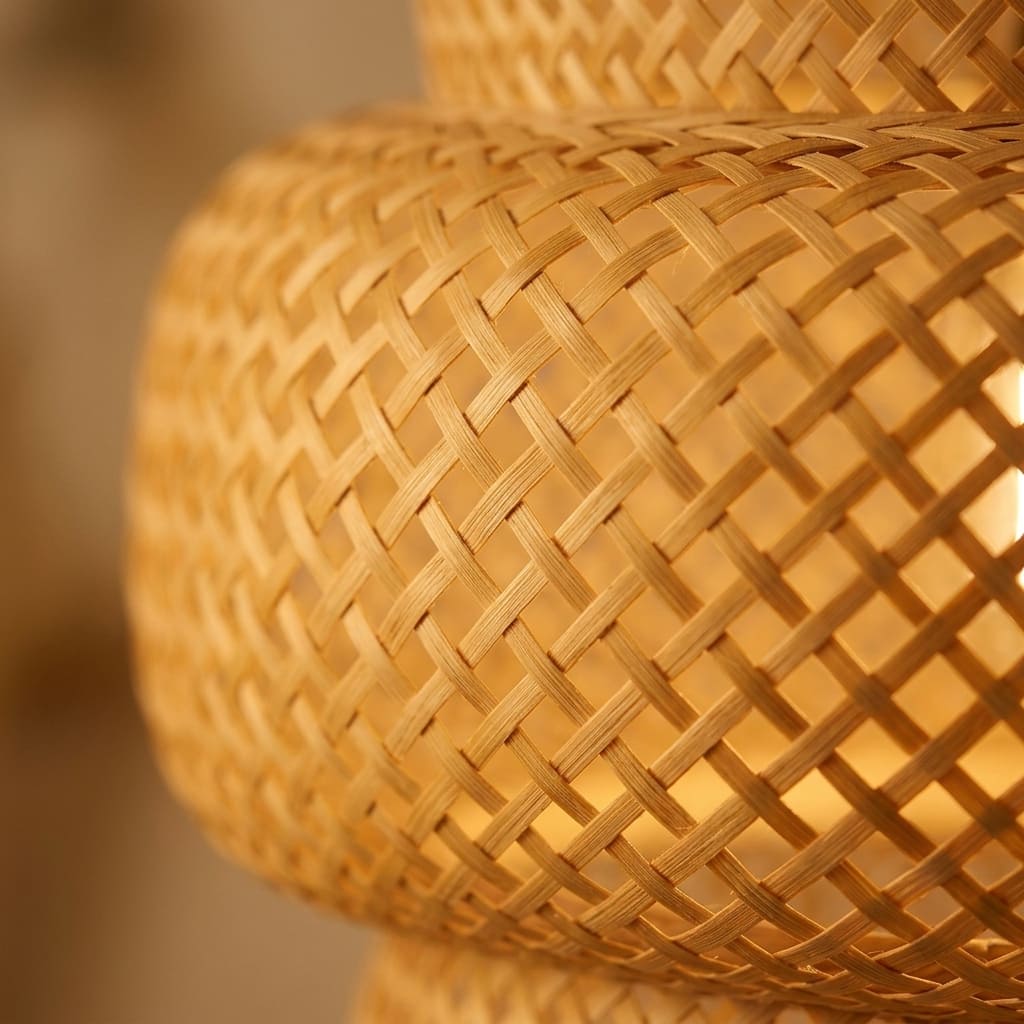 Close-up of the handwoven rattan texture of the Noa ceiling light