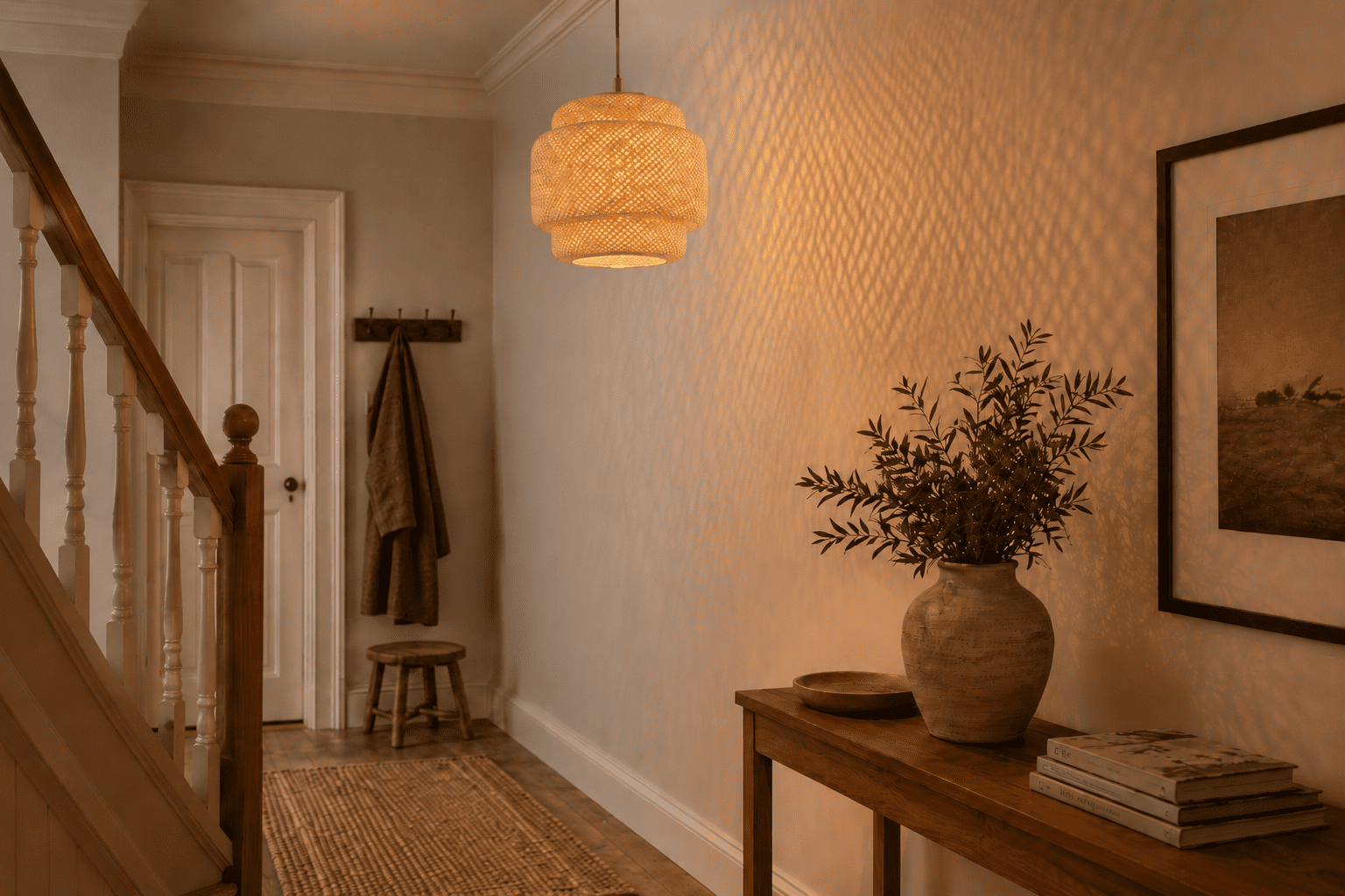 Rattan lampshade casting warm woven light patterns on a hallway wall