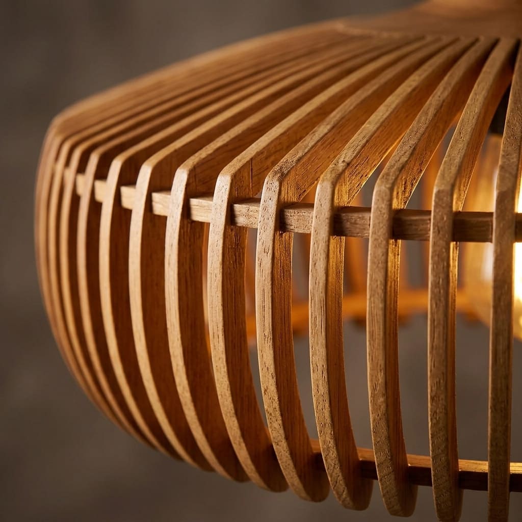 Close up of the curved wood slats on the Rowan lampshade