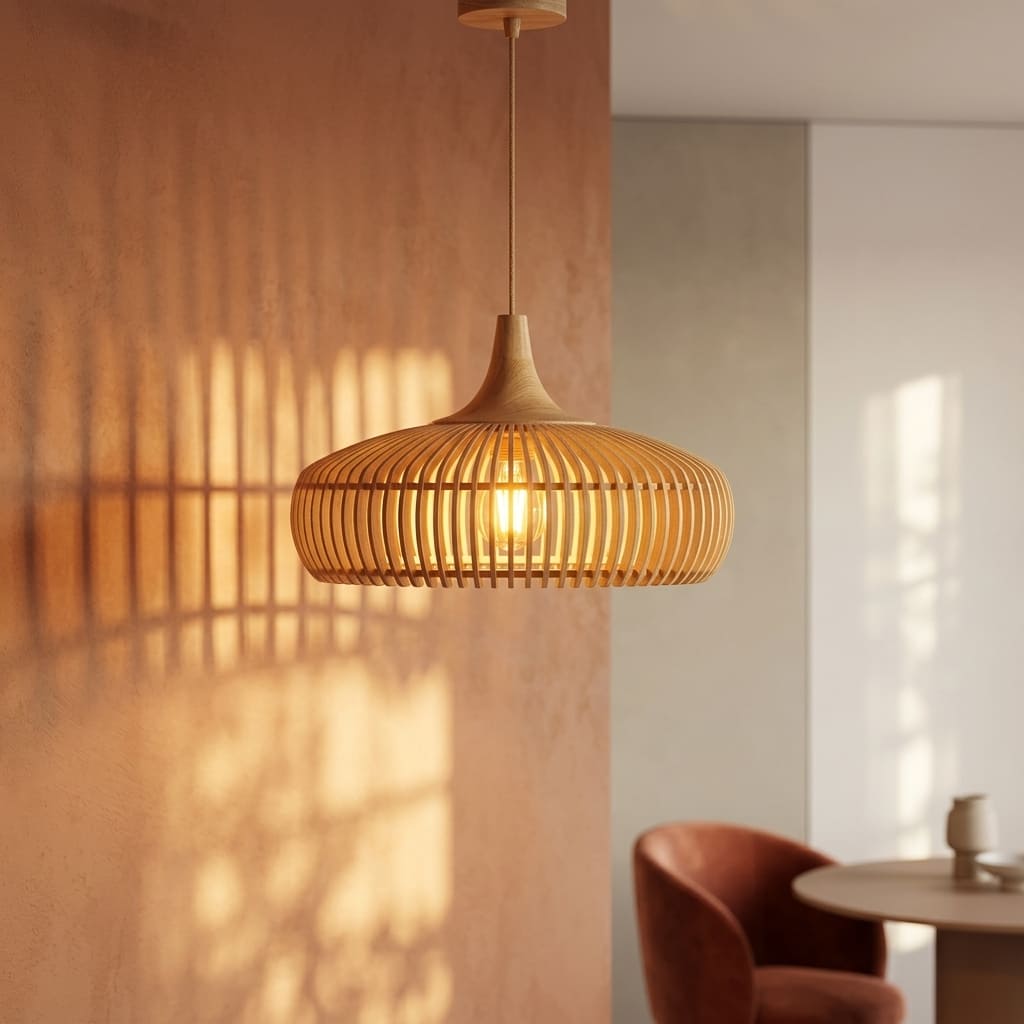 Rowan wooden lampshade lit, casting a warm glow and soft shadows