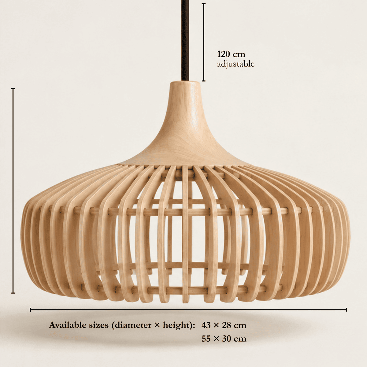 Rowan wooden lampshade dimensions, 43cm and 55cm diameter