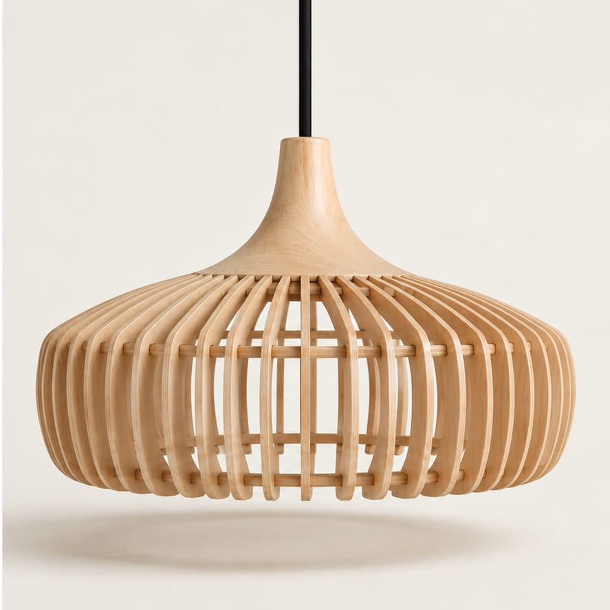 Rowan handcrafted wooden pendant lampshade on a neutral background