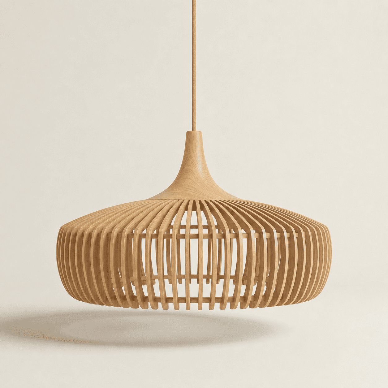 Rowan handcrafted wooden pendant lampshade on a neutral background