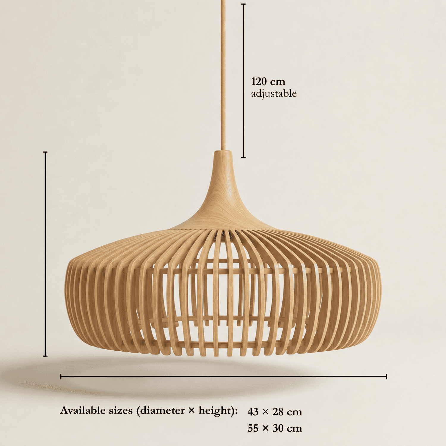 Rowan wooden lampshade dimensions, 43cm and 55cm diameter