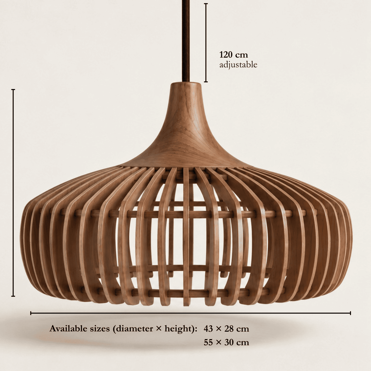 Rowan wooden lampshade dimensions, 43cm and 55cm diameter