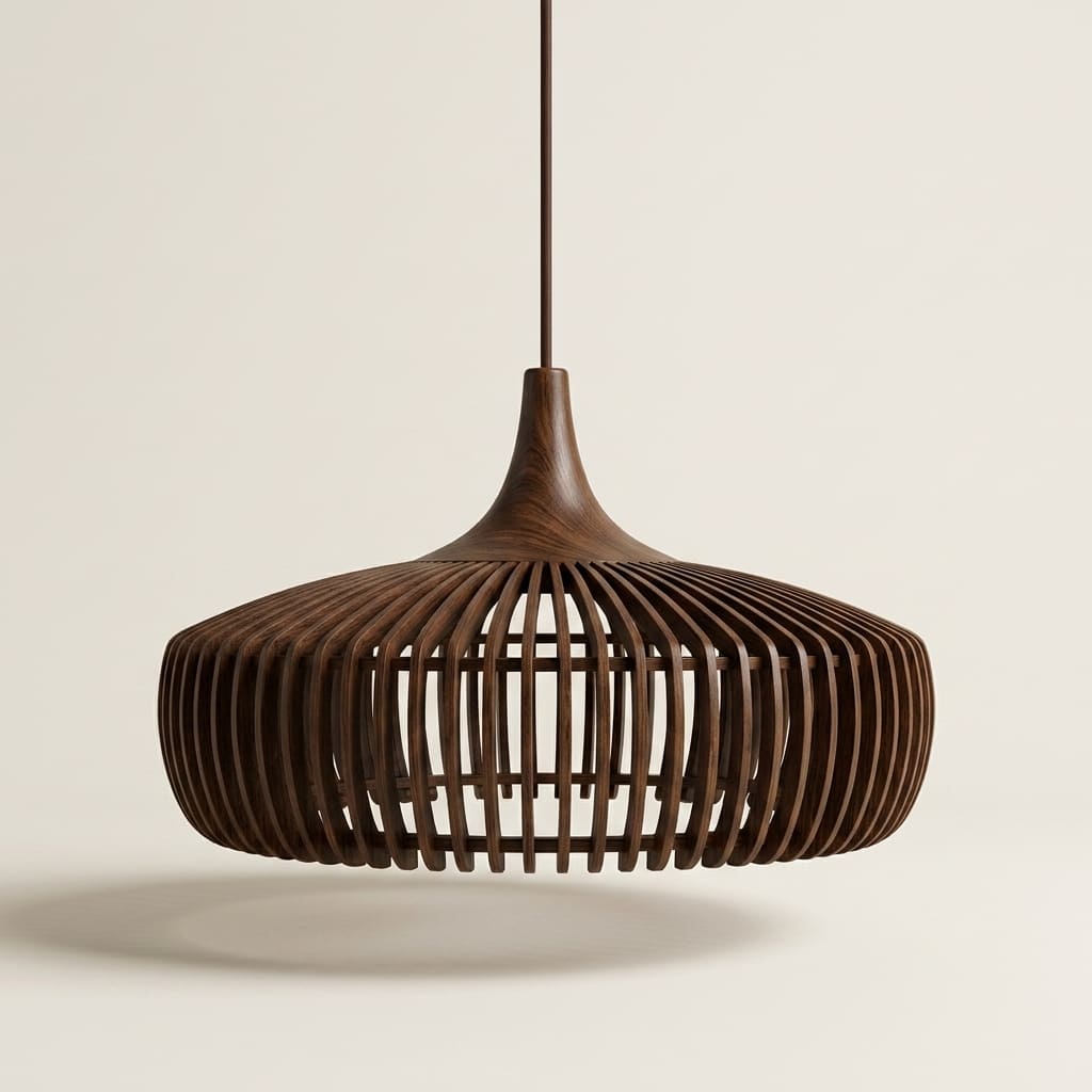 Rowan handcrafted wooden pendant lampshade on a neutral background