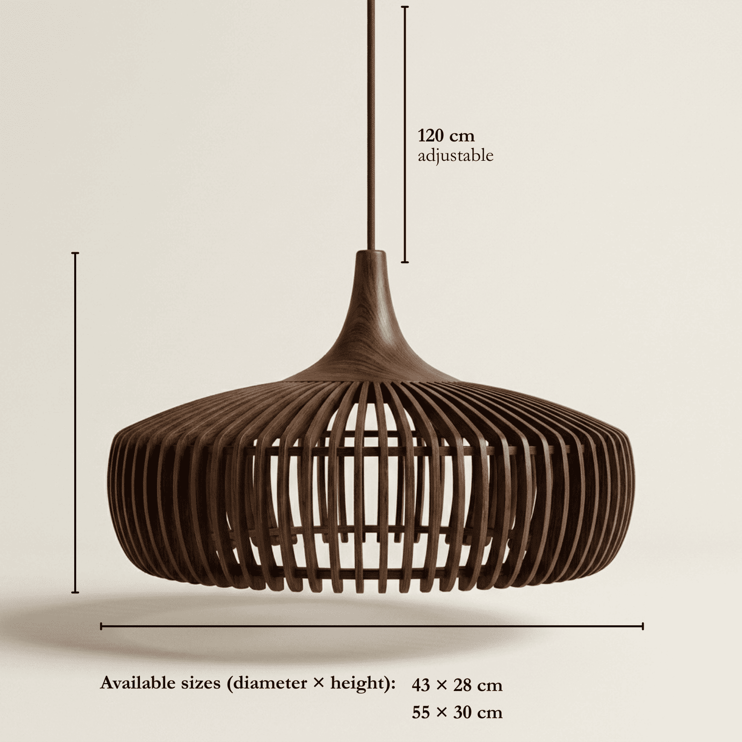 Rowan wooden lampshade dimensions, 43cm and 55cm diameter