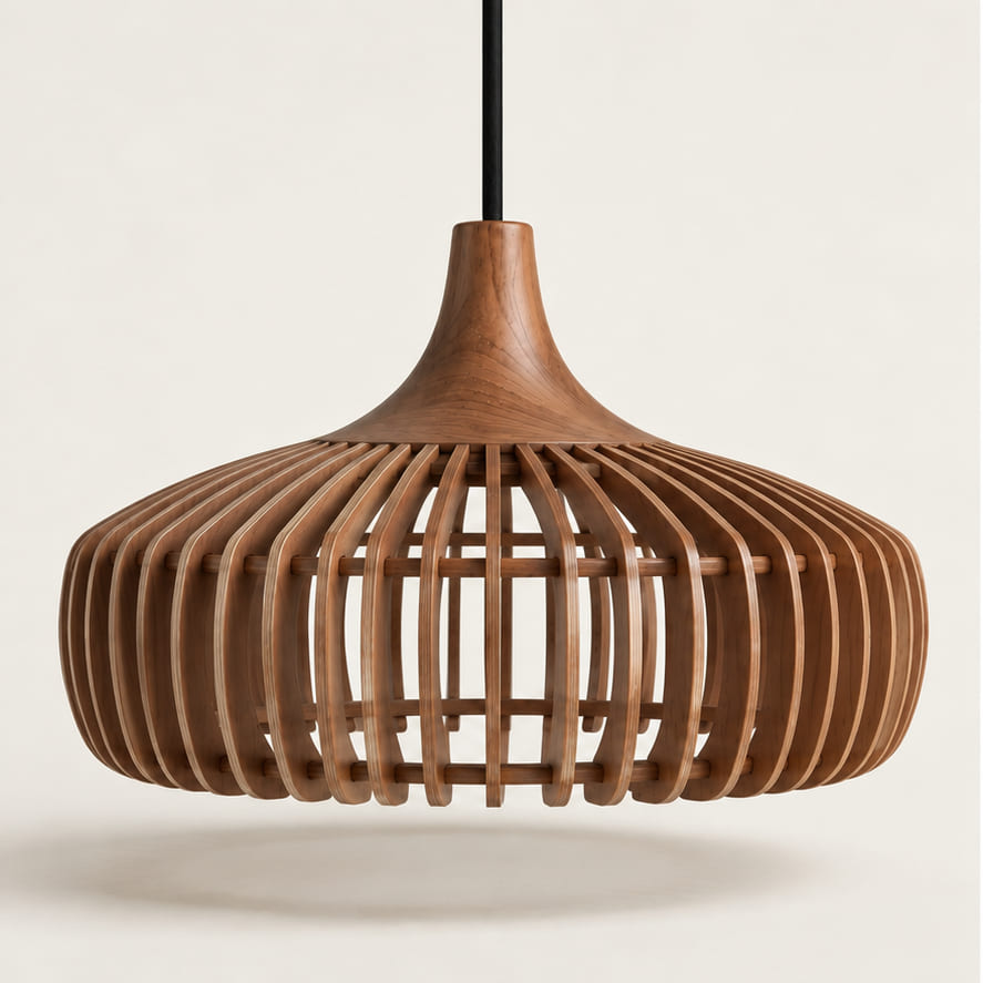 Rowan handcrafted wooden pendant lampshade on a neutral background